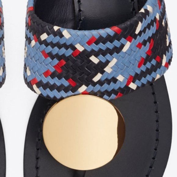 Tory Burch $268 Patos LEATHER Disk Sandal Blue Woven 10 - Picture 7 of 13